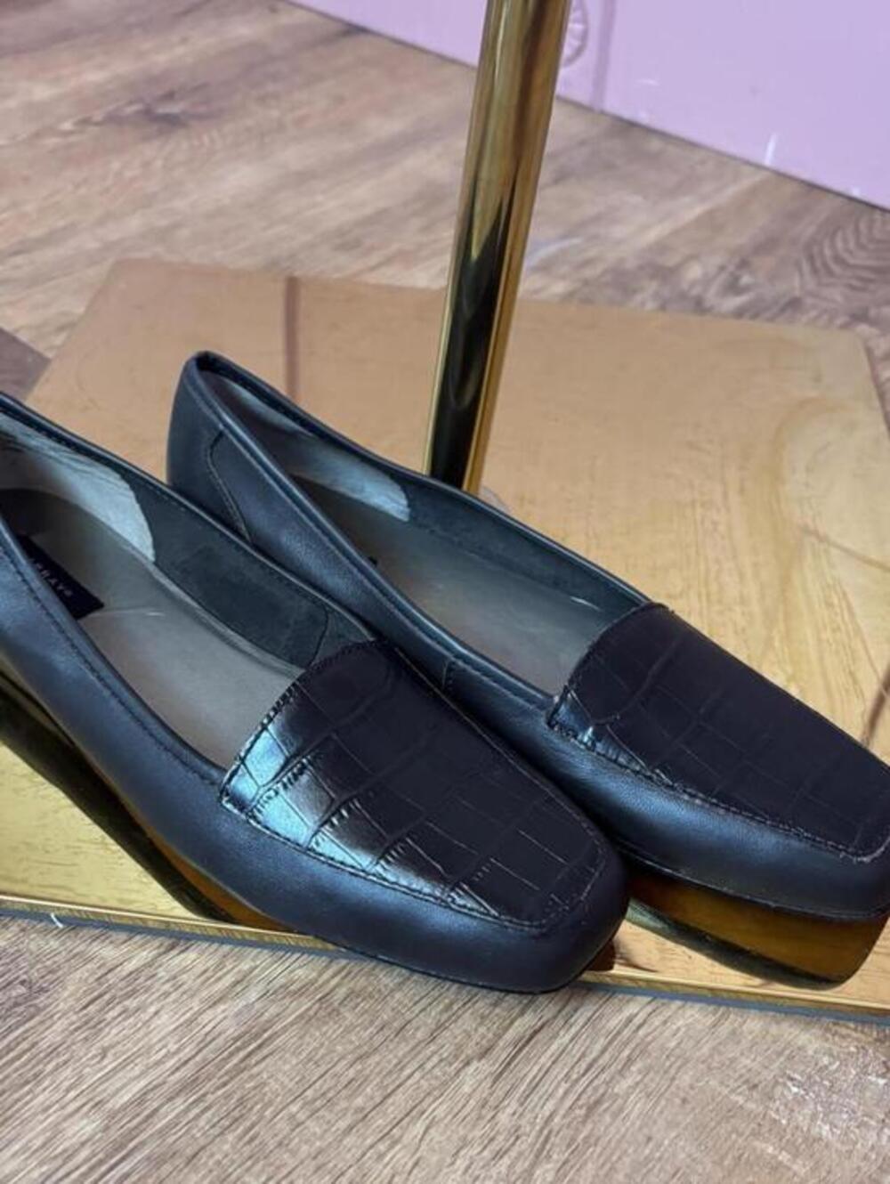 array black leather croc loafers square toe dress flats sz 8 super slim